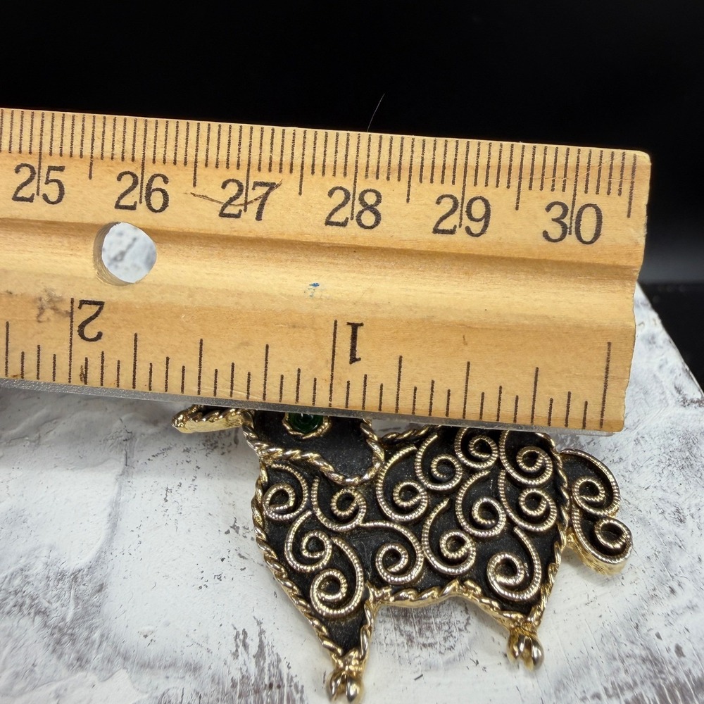 Emmons Lamb Sheep Brooch Pin Gold Tone Filigree Black Green Rhinestone Eye VTG - Picture 2 of 8